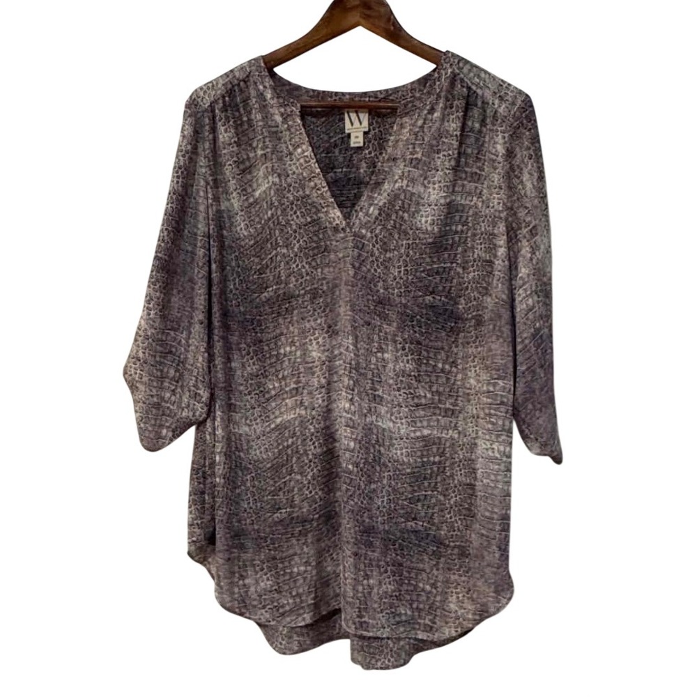 Worthington Blouse Womens 0X Grey Purple Excellent Faux Croc V-Neck Roll-Tab